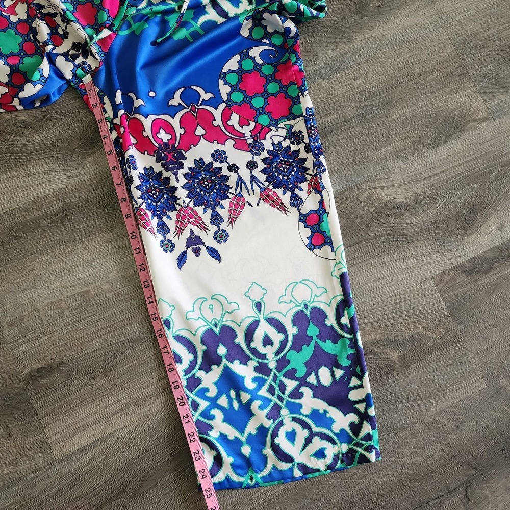 Natori Satin Pajama Set L Blue Pink Morrocan Tile Kimono Top Lounge Pants Resort - Picture 13 of 16